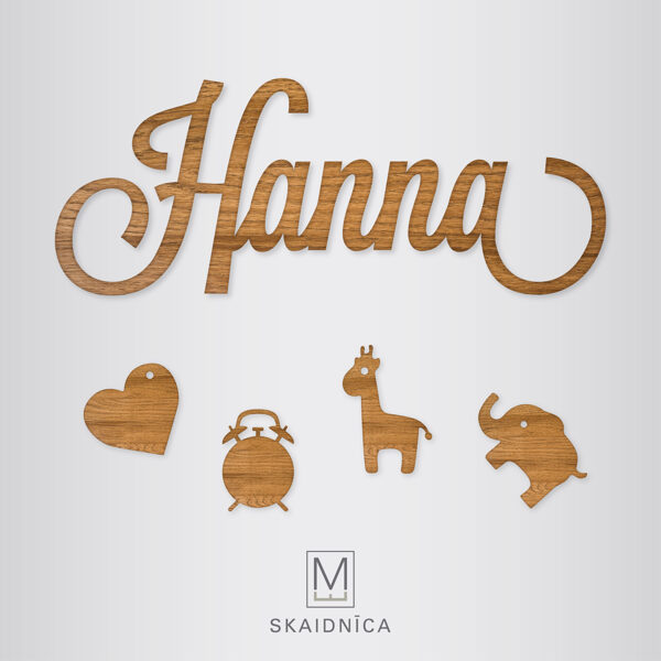 HANNA koka uzraksts ar bērna vārdu un dzimšanas informāciju