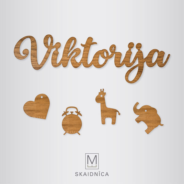 VIKTORIJA koka uzraksts ar bērna vārdu un dzimšanas informāciju